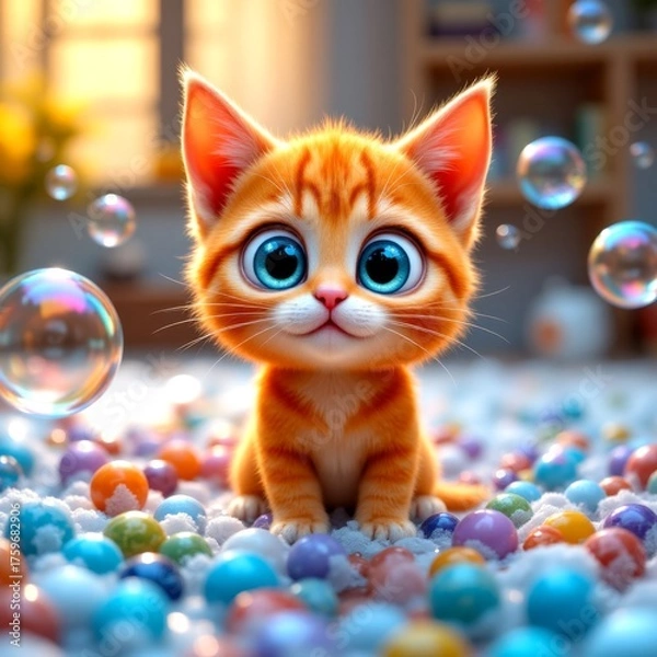 Obraz A cute orange kitten with big blue eyes playing among colorful bubbles and balls