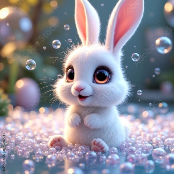 Obraz Fluffy white bunny surrounded by bubbles, exuding joy and innocence in a magical scene
