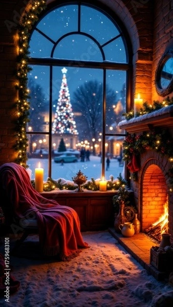 Obraz A serene winter evening by a glowing fireplace overlooking a festive snowy scene