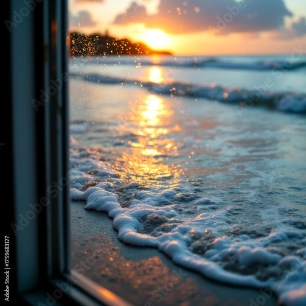 Obraz At Dusk Waves Caress The Shore As Sunlight Dances Over The Tranquil Waters