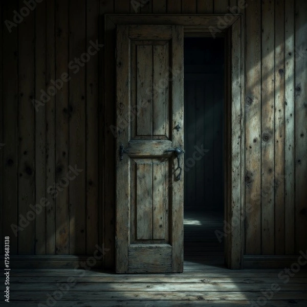 Obraz A captivating old wooden door stands ajar inviting secrets from another world