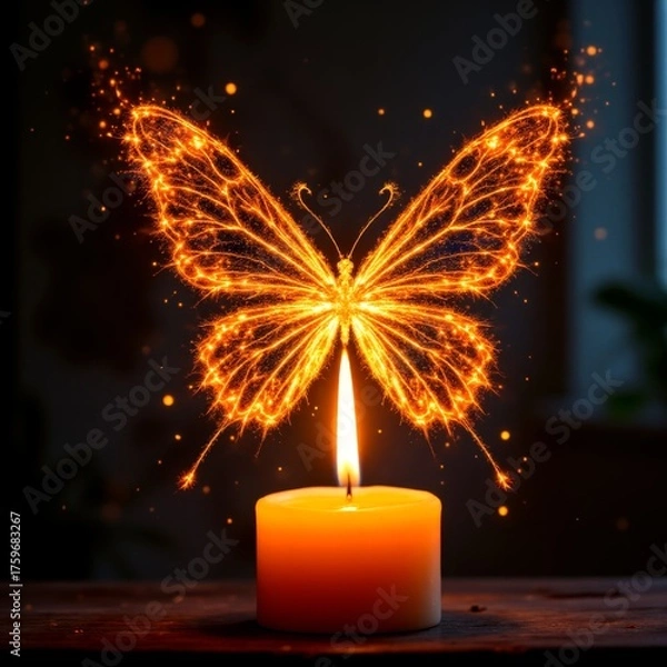Obraz A mesmerizing glowing butterfly flutters above a lit candle in enchanting ambiance