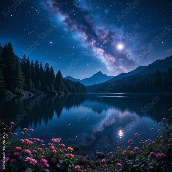 Obraz A breathtaking night landscape with stars and flowers reflected in a calm lake