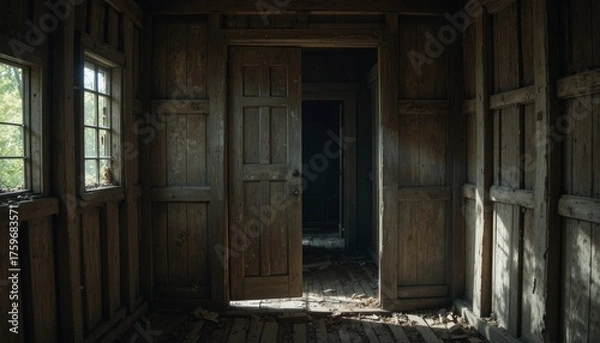 Obraz A mysterious abandoned room with sunlight illuminating dust and decay inside