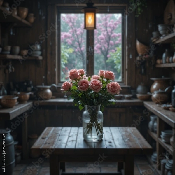 Obraz Delicate arrangement of pink roses brings warmth to rustic kitchen atmosphere