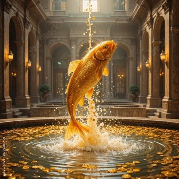 Obraz Majestic golden fish leaps through sparkling water in lavish grand hall setting