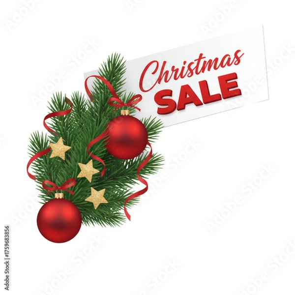 Fototapeta Festive Christmas promotion display with vibrant ornaments and evergreen branches invitation
