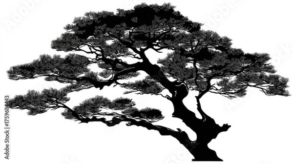 Fototapeta Silhouette of a pine tree with detailed branches isolated on white background