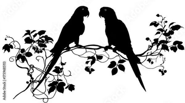 Fototapeta Silhouette of two birds perched on a branch with foliage vector illustration