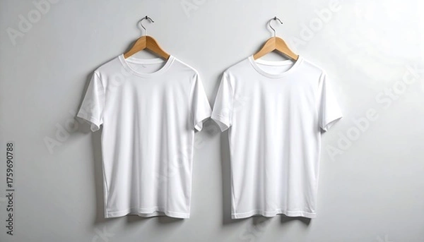 Obraz Two blank white t-shirts hang on wooden hangers against a plain white wall. The lighting emphasizes the clean design and emptiness