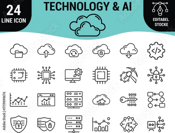 Obraz 24 Line Icon Set: Technology, Artificial Intelligence (AI), Machine Learning, Cloud Computing, Data Science, and Modern Tech Symbols, Editable Vector Graphics for Digital Innovation