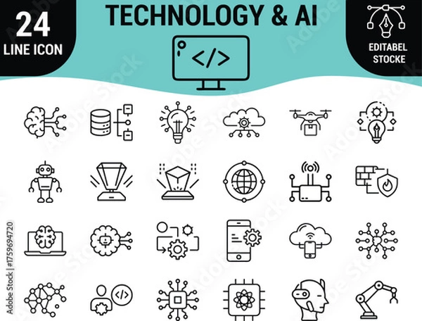 Obraz 24 Line Icon Set: Technology, Artificial Intelligence (AI), Machine Learning, Cloud Computing, Data Science, and Modern Tech Symbols, Editable Vector Graphics for Digital Innovation