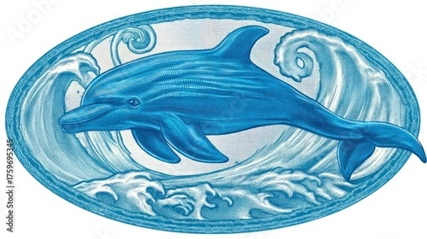 Fototapeta Artistic depiction of a dolphin swimming in water within an oval frame design
