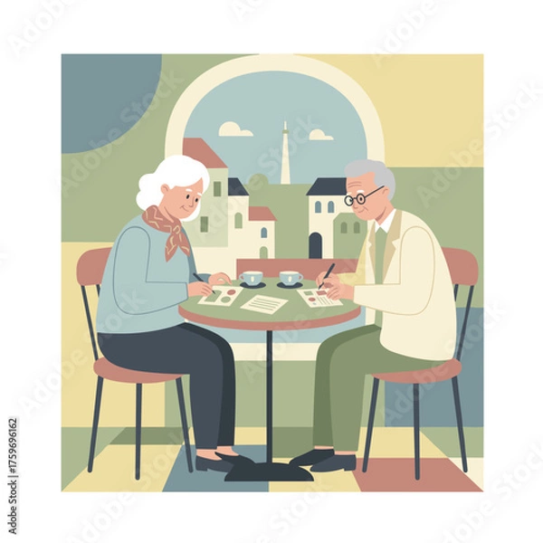 Fototapeta Senior couple writing and enjoying coffee at an outdoor cafe with a scenic city view leisure activity