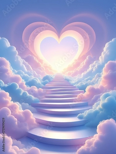 Fototapeta Stairway to heaven leading to a heart in the clouds illustration