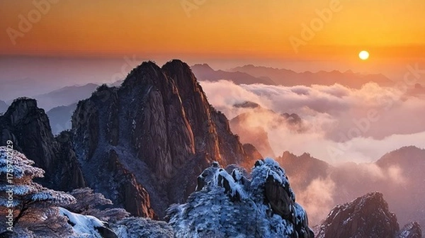 Obraz Snow-Capped Mountain Peaks Rising Above a Sea of Clouds at Sunrise