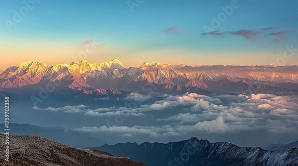 Obraz A breathtaking view of snow-capped mountain peaks bathed in golden sunlight, rising above a sea of fluffy clouds.