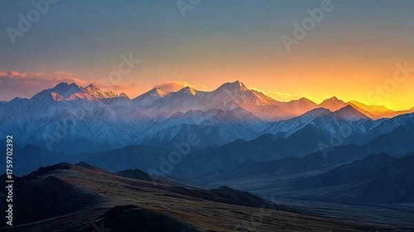 Obraz A breathtaking sunset illuminates a majestic mountain range, casting golden hues over the rugged peaks and shadowed valleys below.