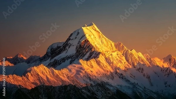 Obraz Snow-capped mountain peaks bathed in golden sunset light, showcasing majestic alpine scenery.