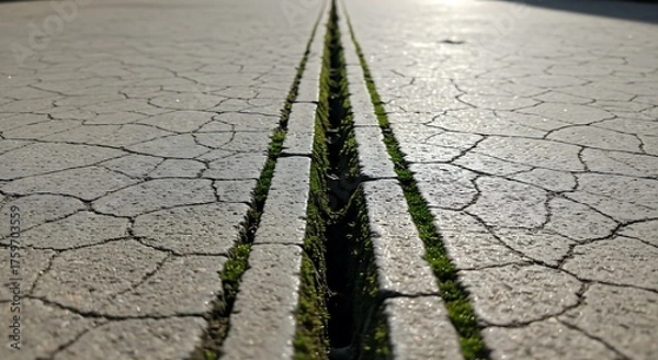 Obraz Cracked Pavement with Moss-Filled Crack, Dramatic Perspective, Sunlight.
