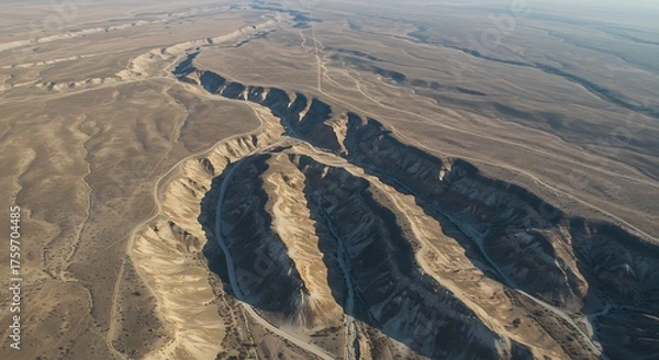 Obraz Dramatic Aerial View: Arid Canyon Landscape with Winding Dirt Roads and Long Shadows at Golden Hour