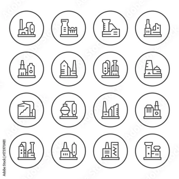 Fototapeta Set round line icons of factory