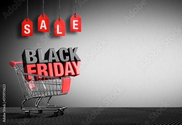 Obraz Koncepcja Black Friday - tekst 3D w koszyku