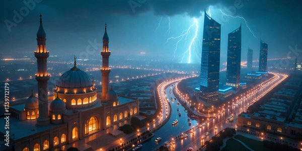 Fototapeta modern city with empty road and skyscrapers in the evening