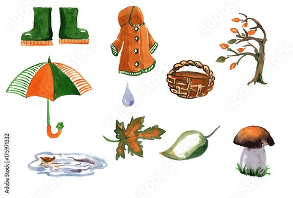 Fototapeta Set of hand drawn watercolor autumn accessories coat, umbrella, leaves
