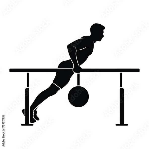 Obraz Silhouette illustration of a man performing dips on parallel bars vector graphic for fitness and sports silhouette vector illustration white background
