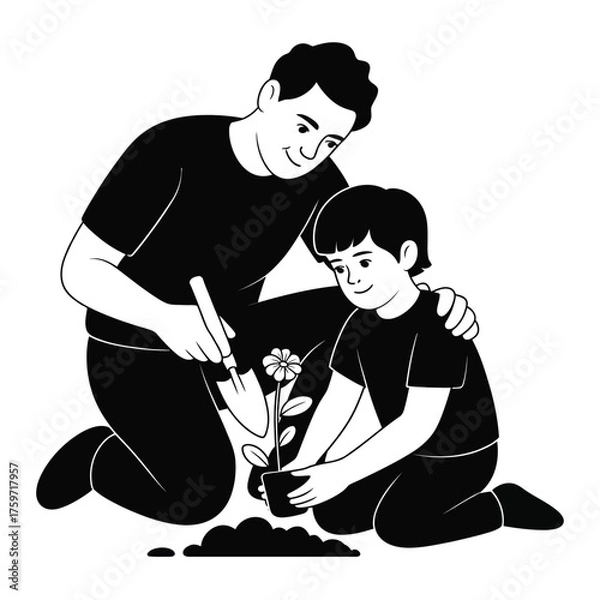 Obraz Father and son planting together in a black and white vector illustration for eps files silhouette vector illustration white background