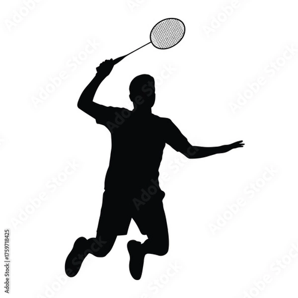 Obraz Black silhouette illustration of a badminton player jumping and smashing vector graphic eps icon for sports graphics silhouette vector illustration white background