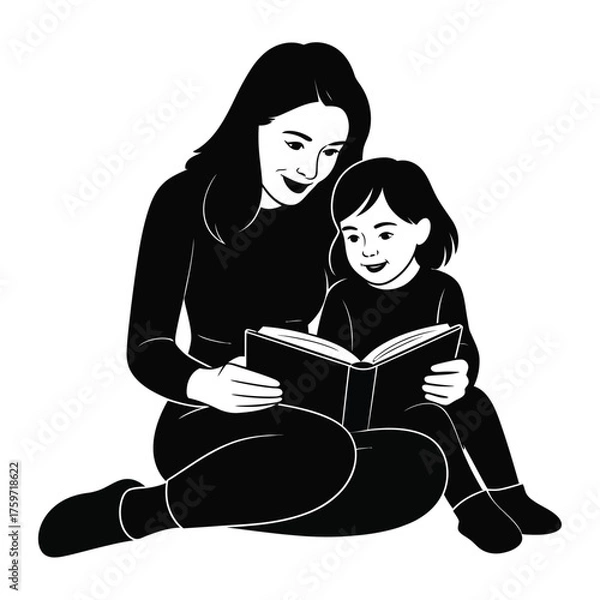 Obraz Scalable vector illustration mother and child reading book black and white eps icon silhouette vector illustration white background