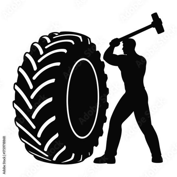 Obraz Silhouette illustration of man with hammer preparing to strike giant tractor tire vector art eps silhouette vector illustration white background