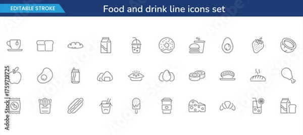 Fototapeta food and drink line icons set — editable stroke restaurant, cafe, and kitchen outline symbols for menu, packaging, and branding design