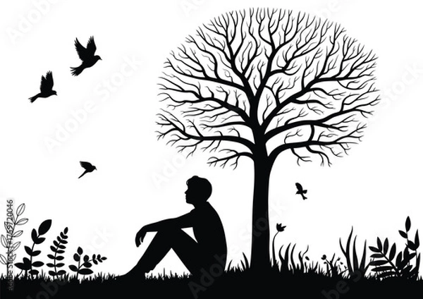 Obraz Silhouette illustration of a person sitting under a tree with birds flying and grass below vector eps silhouette vector illustration white background