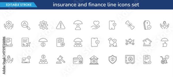 Fototapeta insurance and finance line icons set — editable stroke business, security, and healthcare outline symbols for web, app, and presentation design