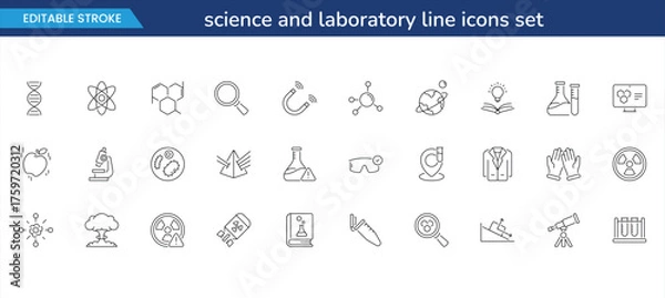 Fototapeta science and laboratory line icons set — editable stroke chemistry, biology, and research symbols for education, technology, and presentation design