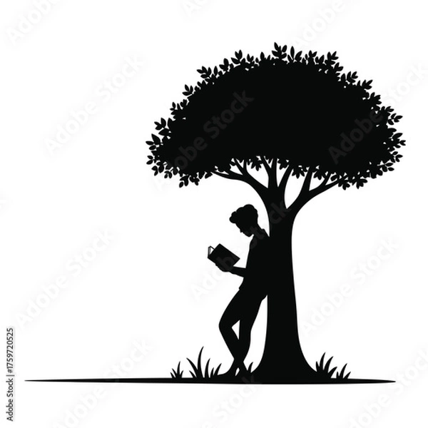 Obraz Silhouette illustration of a person reading under a tree vector scalable eps icon silhouette vector illustration white background