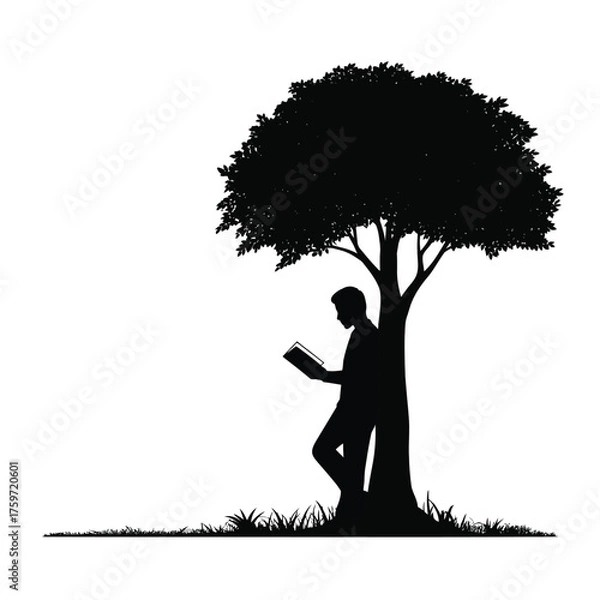Obraz Scalable vector illustration of a person reading under a tree silhouette for peaceful moments and learning silhouette vector illustration white background