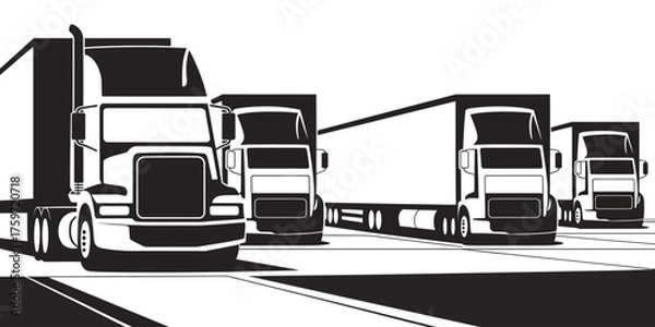 Obraz Minimalist black and white vector illustration of multiple semi-trucks in perspective silhouette vector illustration white background