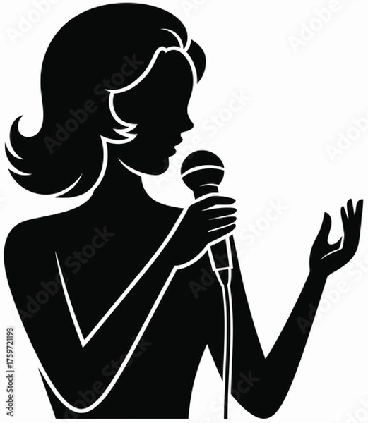 Obraz Elegant silhouette illustration of a woman singing with a microphone vector graphic scalable eps silhouette vector illustration white background