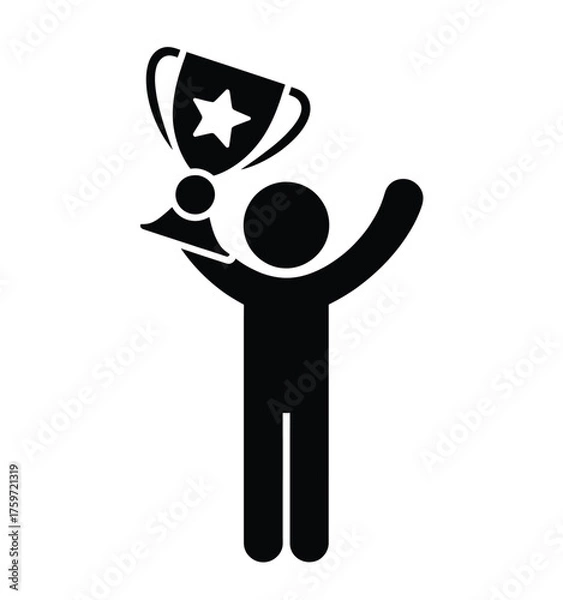 Obraz Minimalist black and white stick figure holding a trophy vector illustration icon for success and achievement awards silhouette vector illustration white background