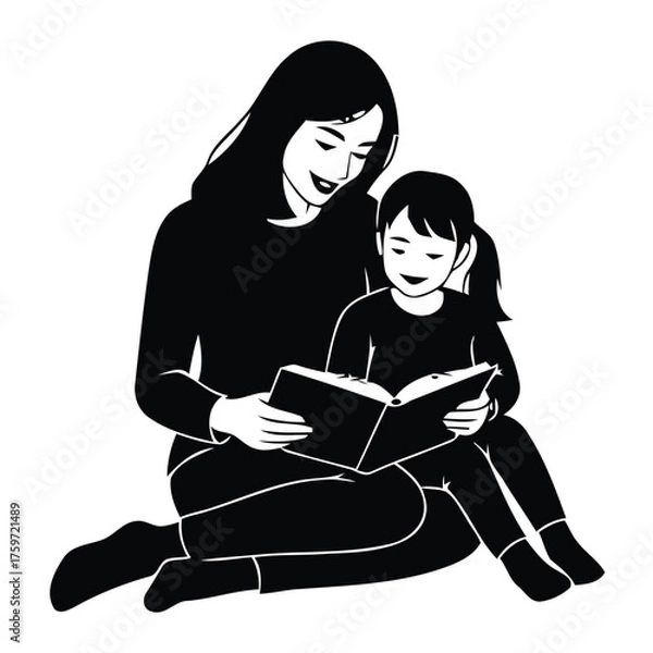 Obraz Vector illustration of mother and child reading book together scalable eps for educational and family themed designs silhouette vector illustration white background