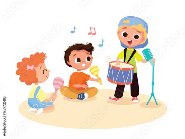 Fototapeta Children, kids play musical instruments together, music class. Young students learn, play, practice music. Сhildren’s band rehearses & studies ethnic songs, melodies.Kids are learning rhythm and notes