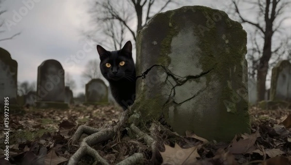 Fototapeta Black cat peeking from behind a cracked tombstone in a graveyard.