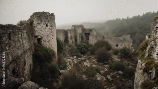 Fototapeta Ancient Ruins in Overgrown Landscape - A Glimpse into the Past.