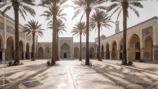 Fototapeta Courtyard of the Great Mosque of Kairouan, Tunisia, with palm trees.