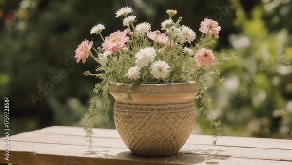 Fototapeta Charming Flower Arrangement in a Textured Pot on Wooden Table.
