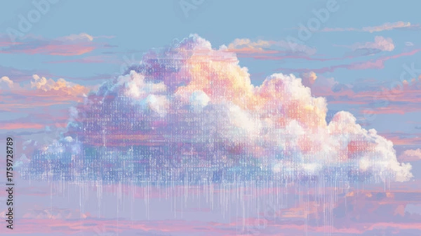Fototapeta Abstract binary data cloud raining streams of digital code over pastel horizon, futuristic AI technology vector background symbolizing machine learning and cloud innovation.